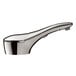 A Bobrick polished nickel automatic liquid soap dispenser on a counter next to a chrome faucet with a handle and spout.