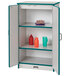 A Rainbow Accents teal metal cabinet with shelves holding a plate of cake and water bottles.