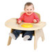 A baby sitting in a Jonti-Craft High Chair with a yellow tray on a table.