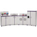 A white and purple kitchen cabinet with a shelf.