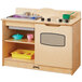 A Jonti-Craft wooden play kitchen with a sink and a stove.