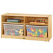 A Jonti-Craft wooden storage cabinet with plastic bins full of toys.