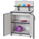 A Rainbow Accents navy kitchen cupboard with colorful teacups on the shelves.