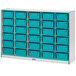 A white and teal storage cabinet with blue bins on the shelves.