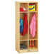A Jonti-Craft wooden coat locker with two sections and a coat rack.