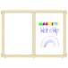 A white magnetic write-n-wipe panel with a rainbow drawn on it.