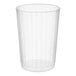 A clear plastic fluted tumbler with a 14 oz. capacity.