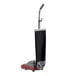 A red and black Sanitaire TRADITION upright vacuum cleaner with a black handle.