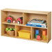 A natural wooden Young Time low storage unit with toys and books on the shelves.