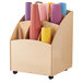 A Jonti-Craft wooden organizer with paper rolls in yellow bins.