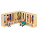 A young boy with down syndrome sits on a Jonti-Craft toddler-height locker bench with clothes.