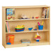 A Jonti-Craft wooden classroom shelf holding toys.