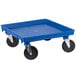 a blue plastic cart with black wheels