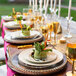 A table set with 10 Strawberry Street gold line porcelain plates and glasses of wine.