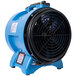 a blue fan with a black vent