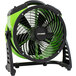 An XPOWER 13" green and black DC powered air circulator fan.