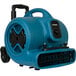 A blue XPOWER air blower with black wheels.