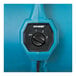A close-up of a black and blue XPOWER FM-48 misting fan with a sealed motor.