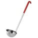 A Vollrath stainless steel ladle with an orange handle.