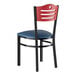 A Lancaster Table & Seating black metal chair with a navy vinyl seat.