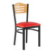 A Lancaster Table & Seating side chair with a red vinyl seat and natural wood back.