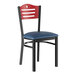 A black metal Lancaster Table & Seating side chair with a navy vinyl seat and mahogany wood back.