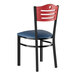 A black Lancaster Table & Seating side chair with a navy vinyl seat.