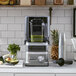 A KitchenAid commercial blender with enclosure on a counter.