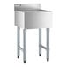 A stainless steel underbar drainboard with four legs and a raised backsplash, measuring 18 by 21 inches.