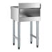 A stainless steel underbar drainboard with four legs and an open front, measuring 18 by 21 inches.