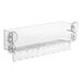 A clear plastic rectangular shelf with suction cup clips.