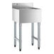 An 18 inch by 18 inch stainless steel underbar drainboard with four sturdy legs and a raised backsplash.
