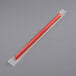 A red pointed plastic straw in plastic wrapper.