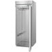 A silver rectangular Hoshizaki reach-in refrigerator with a white door open.