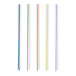 A set of five clear plastic straws with different colored stripes and pointed ends.