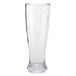 A clear plastic pilsner glass with a white background.