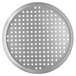 A Vollrath heavy weight clear coat anodized metal pizza pan with perforations.
