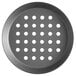 A round black Vollrath heavy weight aluminum pizza pan with holes.
