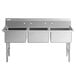 A Regency stainless steel three compartment commercial sink with stainless steel legs and cross bracing.