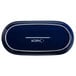 An Acopa Azora Blue stoneware oblong coupe platter with white text on a blue box.