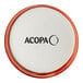 A round, orange stoneware ramekin with a white interior and the brand name 'Acopa' printed on the bottom.