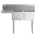 A Regency stainless steel two compartment sink with stainless steel legs and cross bracing with a left drainboard.