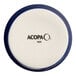 A small round blue and white porcelain ramekin with the brand name 'Acopa' on the bottom.