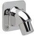 A close-up of a chrome plated Zurn shower head with an anchor plate.