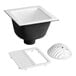 A white Zurn square cast iron floor sink with a black grate.