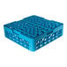 A blue plastic 16-compartment tilted cup rack with one extender.