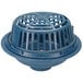A Zurn low silhouette roof drain with a blue plastic deck plate and metal grate.