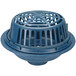 A Zurn cast iron roof drain with a blue plastic drain cover and a metal grate with holes.