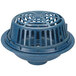 A Zurn blue plastic drain cover with a low silhouette metal grate.