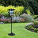 A black Dynatrap insect trap with a light inside on a stand in a garden.